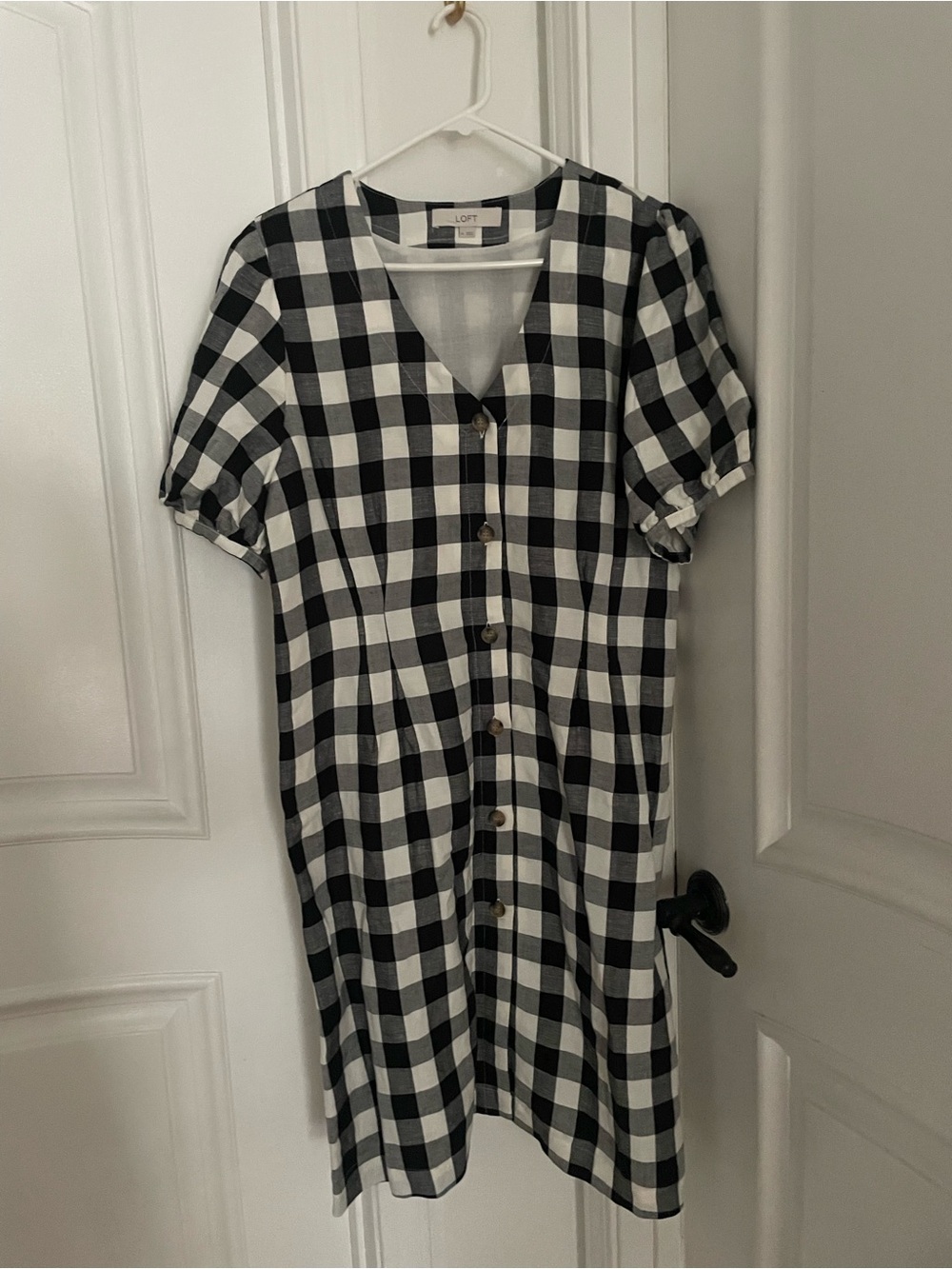 LOFT Black and White Gingham Midi Button-Front Dress
